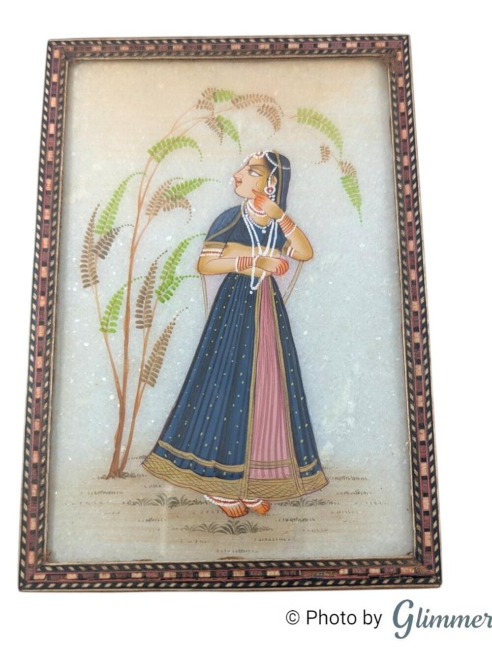 Vintage Indian Inlay Rajasthani Art Blue Lined Glass Lid Wood Jewelry Box